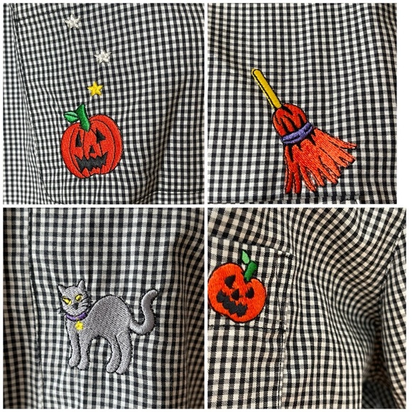 Hampshire Studio 100% cotton gingham embroidered Halloween button up tie shirt - Picture 16 of 16